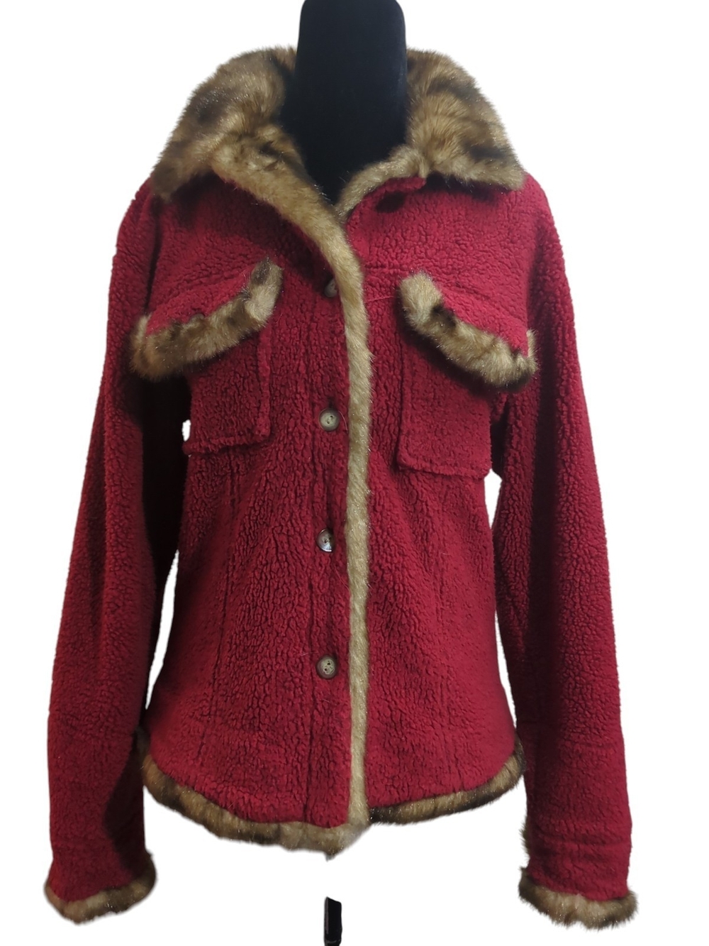 Tasha Polizzi Red Faux-Shearling Utility Jacket with Brown Faux-Fur Trim